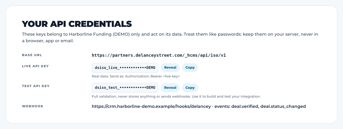API credentials panel with demo data: the API base URL, masked live and test API keys with Reveal and Copy buttons, and a registered webhook.